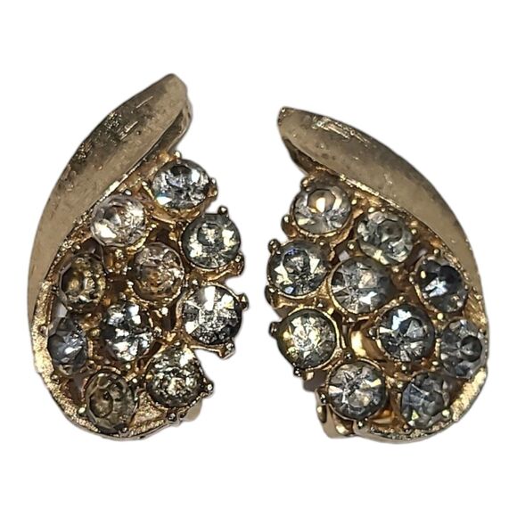 Vintage Mode ART Arthur Pepper Matte Gold Gray Rhinestones Clip on Earrings - Picture 1 of 8